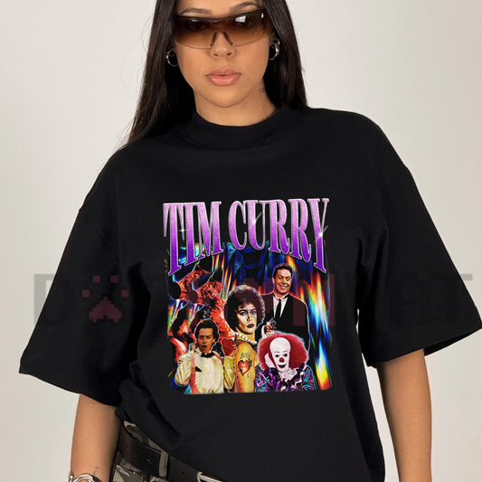 Front view of the Vintage Tim Curry Retro 90s T-Shirt showing the actor homage portrait collage printed across the chest. - dogmomhat