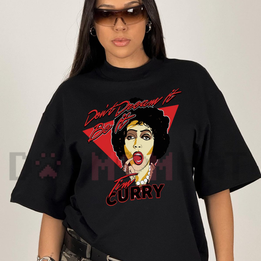 Front view of the Vintage Tim Curry Retro Homage T-Shirt showing the actor portrait collage graphic printed across the chest. - dogmomhat