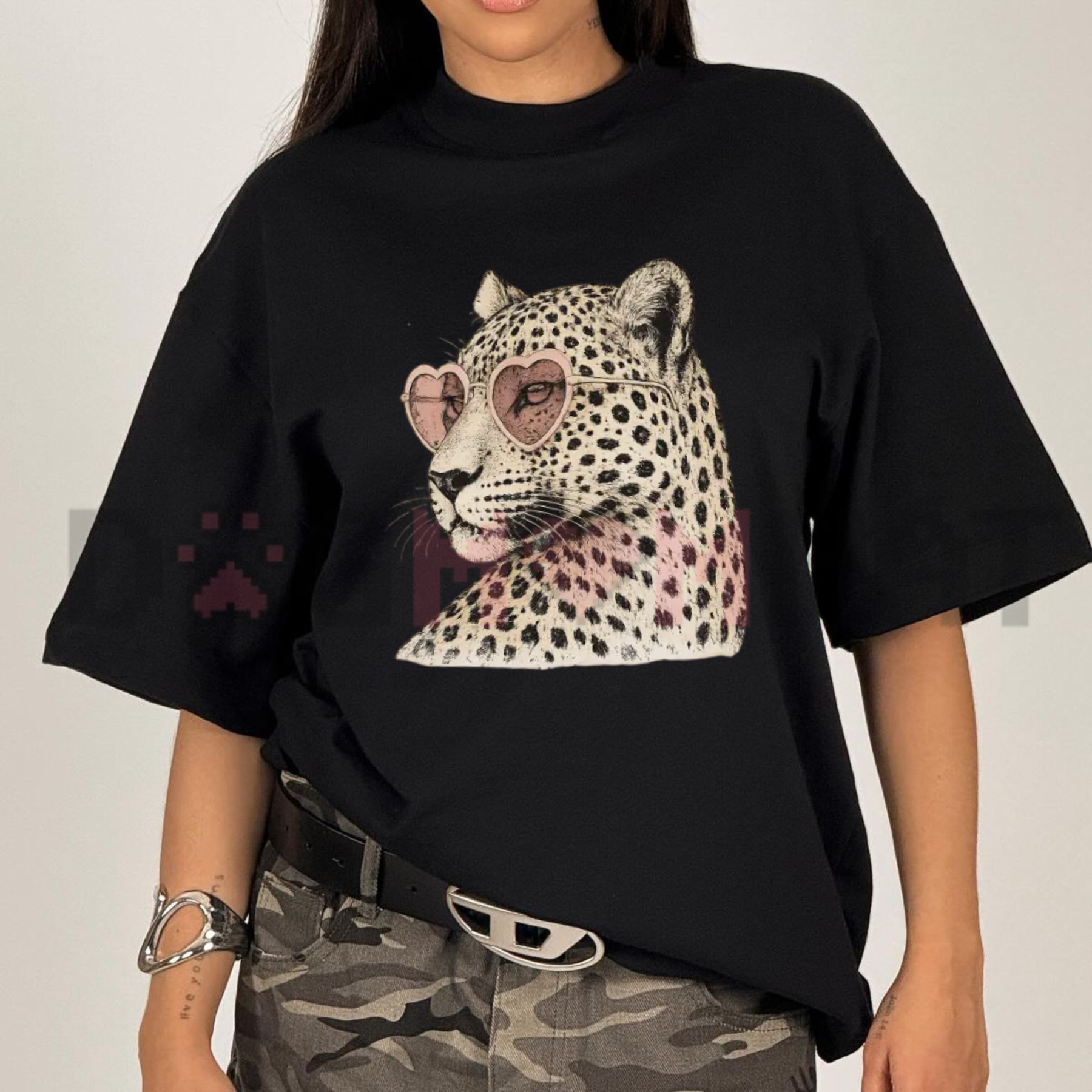 Front view of the Vintage Unbothered Leopard T-Shirt showing the retro leopard graphic and quote printed across the chest - dogmomhat