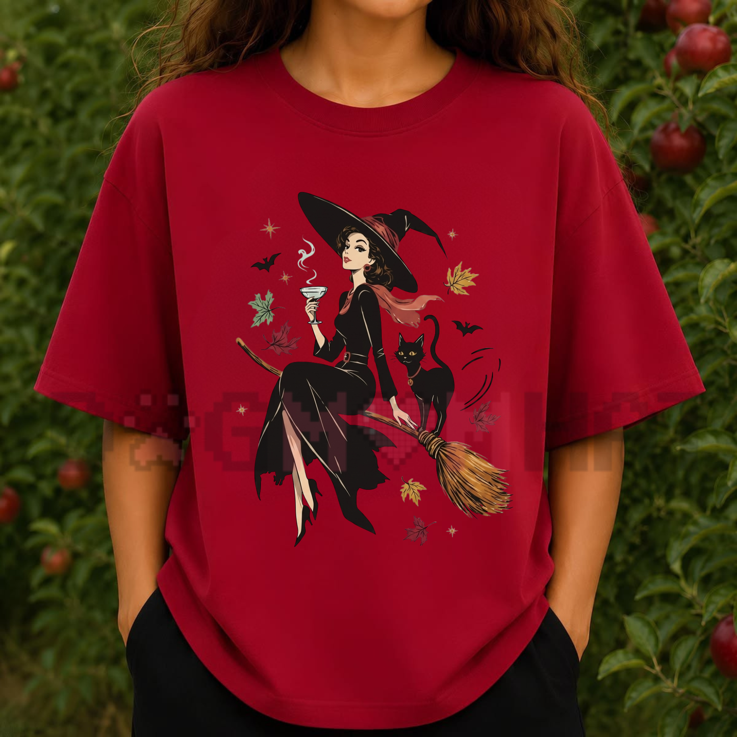 Front view of the Vintage Witch & Cat Halloween T-Shirt displaying the retro Salem witch graphic printed across the chest. - dogmomhat