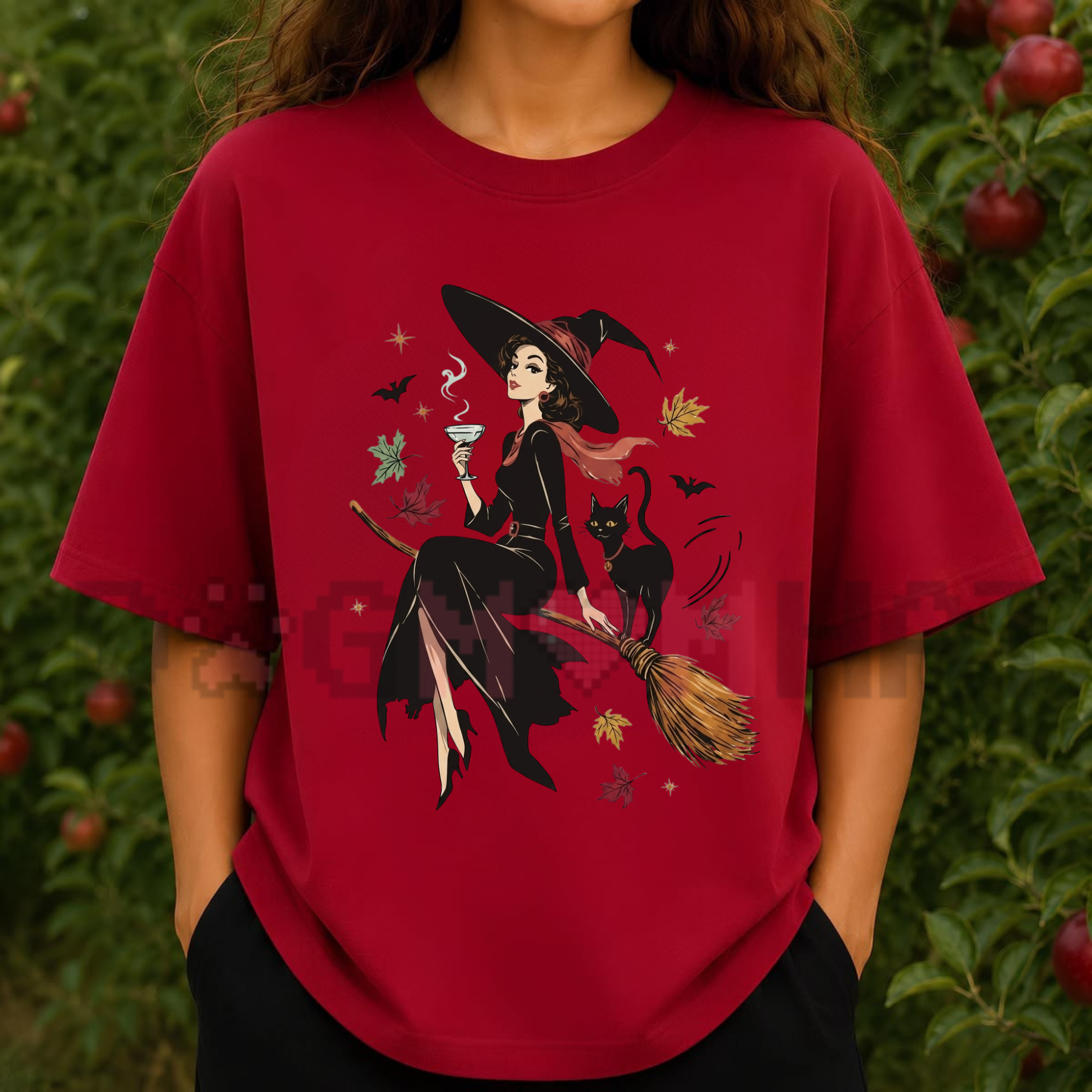 Front view of the Vintage Witch & Cat Halloween T-Shirt displaying the retro Salem witch graphic printed across the chest. - dogmomhat