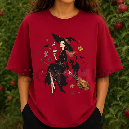Front view of the Vintage Witch & Cat Halloween T-Shirt displaying the retro Salem witch graphic printed across the chest. - dogmomhat
