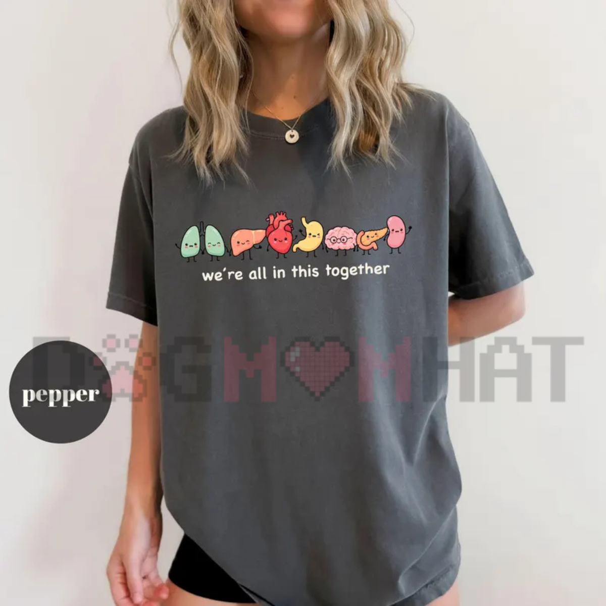 Front view of the We're All In This Together Cute Organ Anatomy T-Shirt displaying cartoon organ graphics printed across the chest. - DOGMOMHAT
