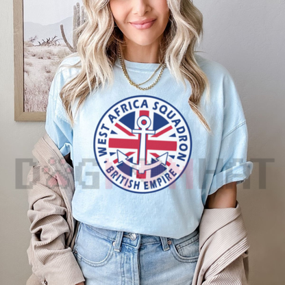 Front view of the West Africa Squadron T-Shirt displaying vintage naval frigate ship artwork and historical emblem typography printed across the chest.- dogmomhat