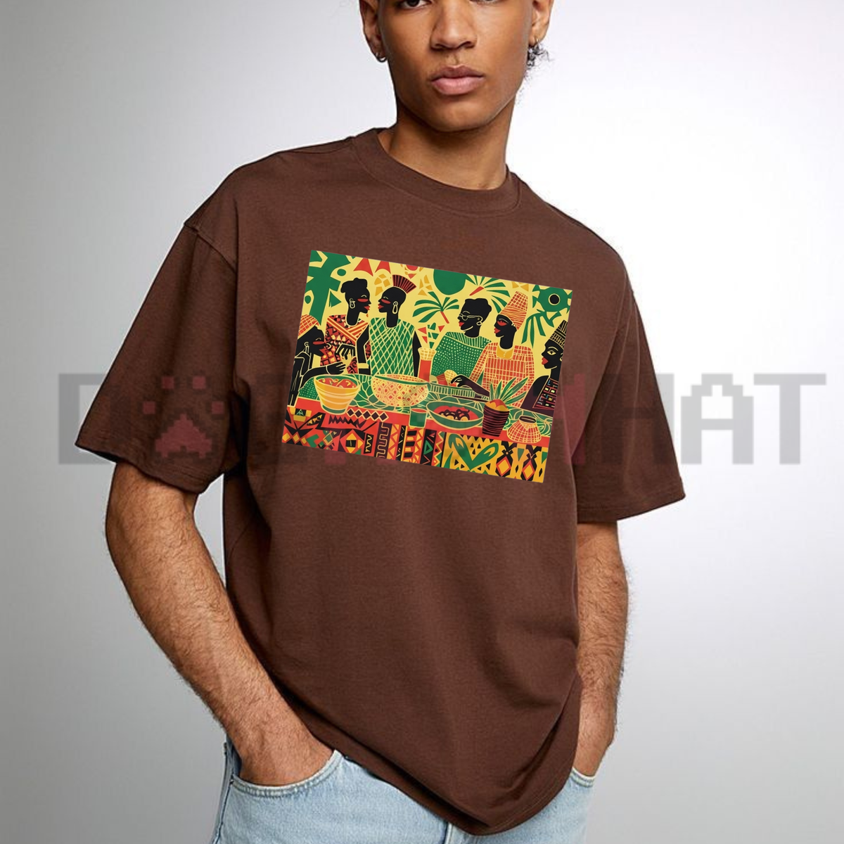 Front view of the West African Dinner Scene T-Shirt displaying illustrative family gathering art and cultural unity typography printed across the chest. - dogmomhat
