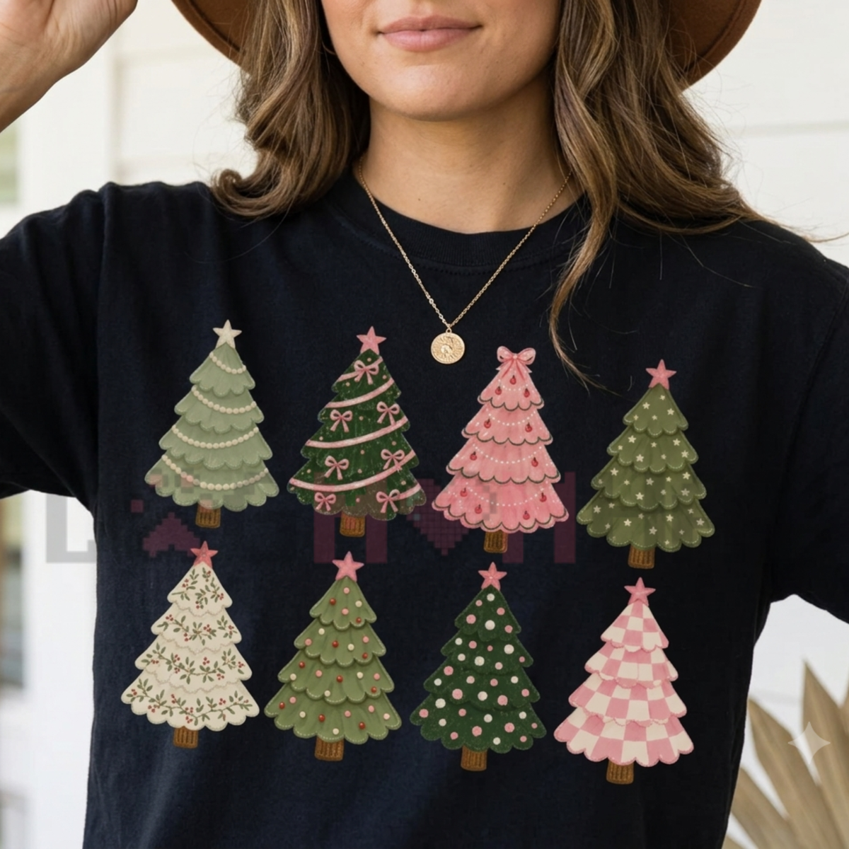 Front view of the Whimsical Pink Christmas Trees T-Shirt displaying cute hand-drawn pink holiday tree graphics printed across the chest. - dogmomhat
