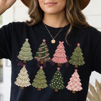 Front view of the Whimsical Pink Christmas Trees T-Shirt displaying cute hand-drawn pink holiday tree graphics printed across the chest. - dogmomhat