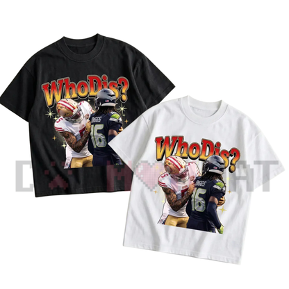 Front view of the WhoDis Mike Evans Shirt displaying wide receiver graphics and WhoDis typography across the chest of a cotton crewneck tee. - dogmomhat
