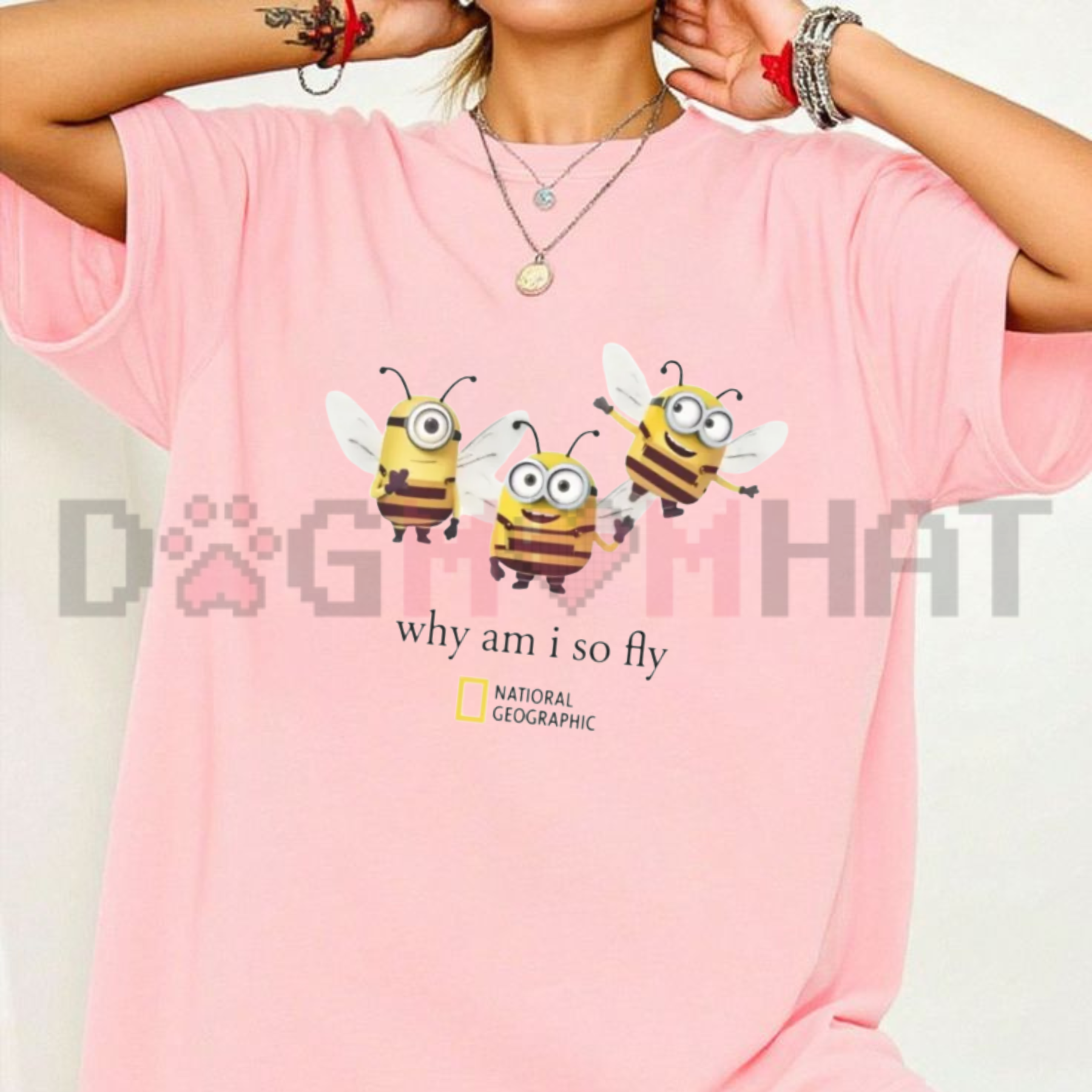 Front view of the Why Am I So Fly Minion Bee Parody T-Shirt showing the funny bee character graphic printed across the chest - dogmomhat