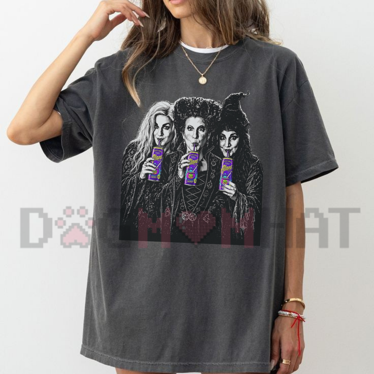Front view of the Witches Brew T-Shirt displaying energy drink can graphics and Sanderson Sisters potion text printed across the chest. - dogmomhat