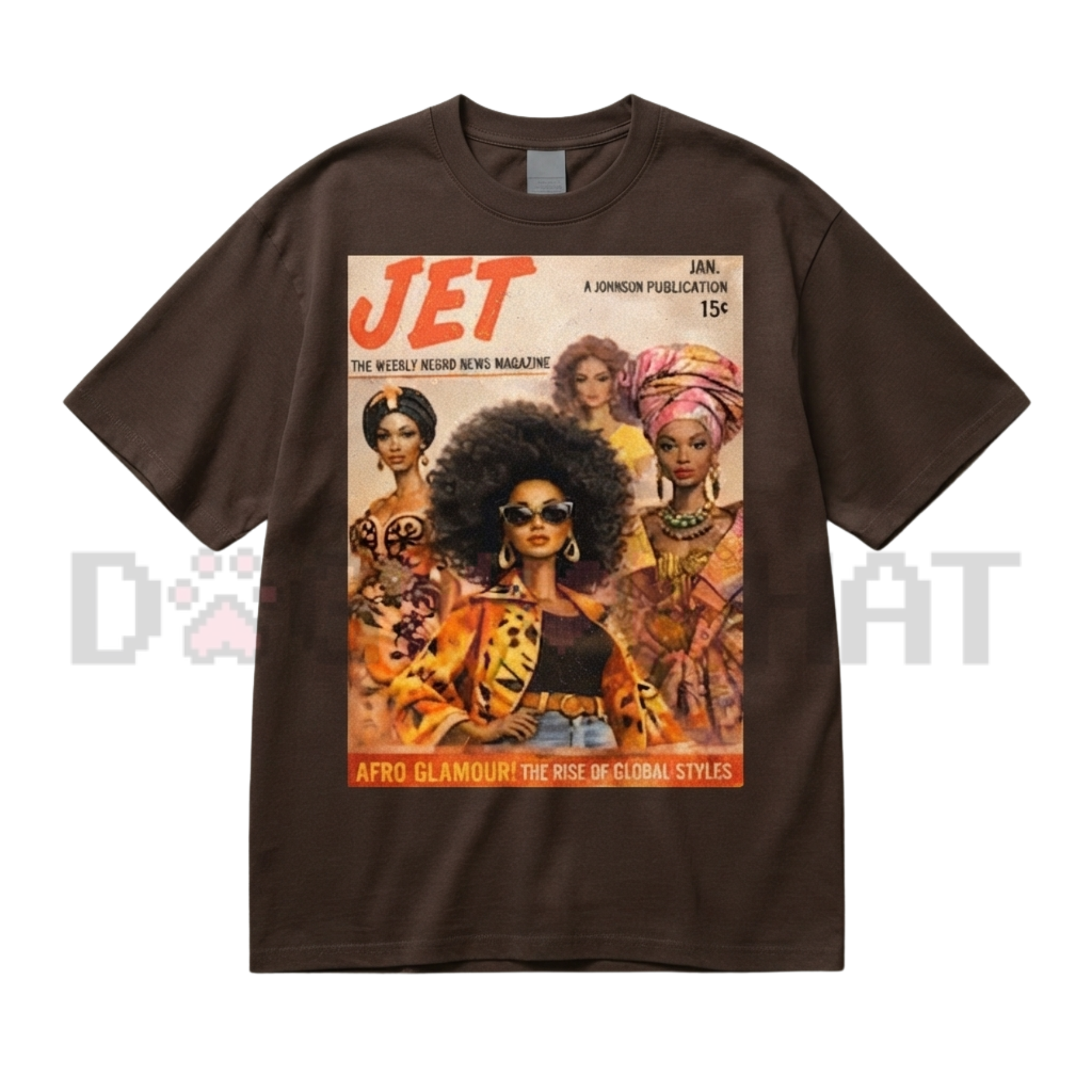 Front view of the Women's Afro Glamour Vintage Magazine Graphic Cotton T-Shirt - dogmomhat