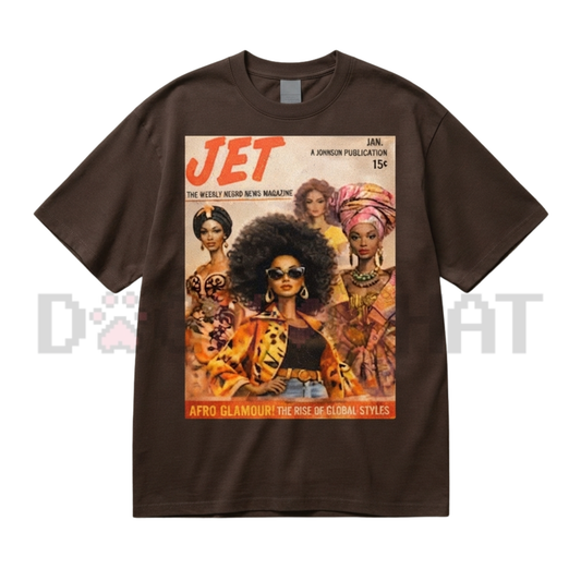 Front view of the Women's Afro Glamour Vintage Magazine Graphic Cotton T-Shirt - dogmomhat
