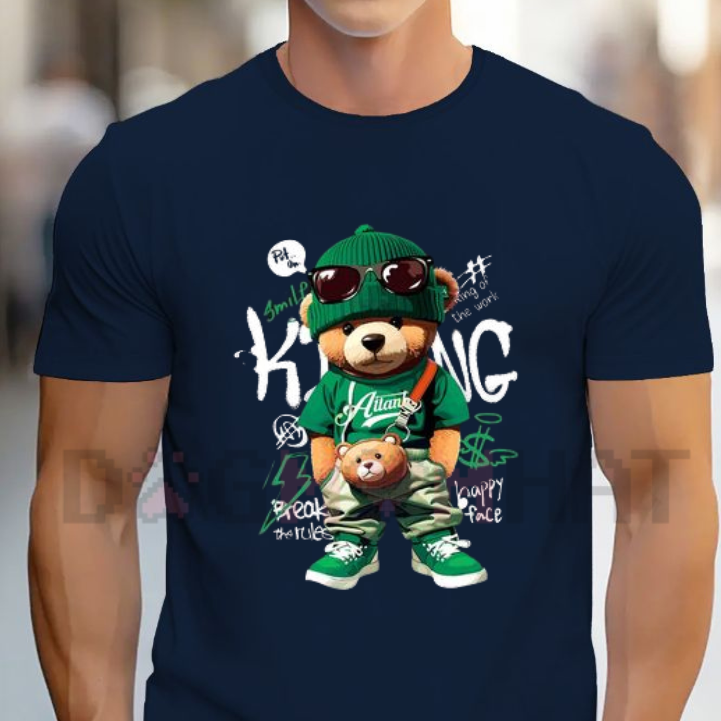 Front view of the Women's Casual Bear Graphic T-Shirt showing the detailed bear illustration and alphabet pattern design - dogmomhat