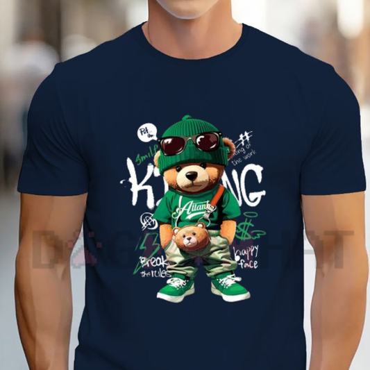 Front view of the Women's Casual Bear Graphic T-Shirt showing the detailed bear illustration and alphabet pattern design - dogmomhat