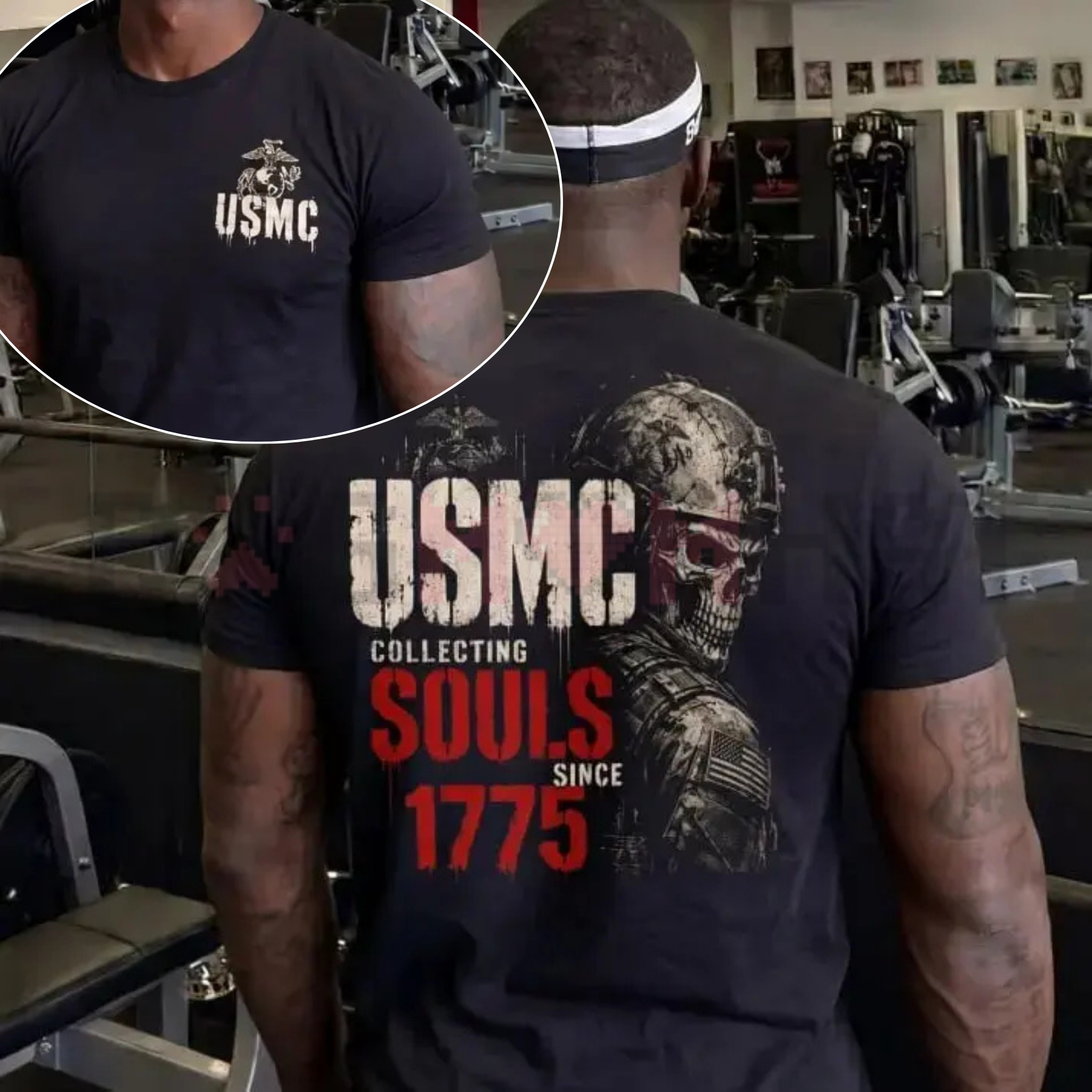 Front view of the Women's USMC 1775 Skull Print Crew Neck Classic Cotton T-Shirt - dogmomhat