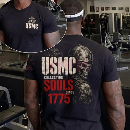 Front view of the Women's USMC 1775 Skull Print Crew Neck Classic Cotton T-Shirt - dogmomhat