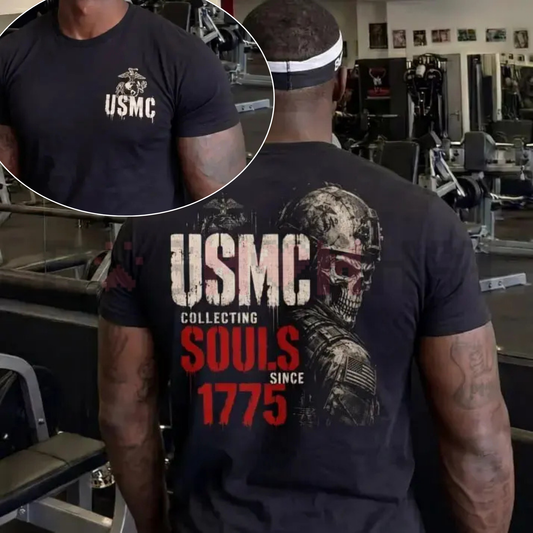 Front view of the Women's USMC 1775 Skull Print Crew Neck Classic Cotton T-Shirt - dogmomhat