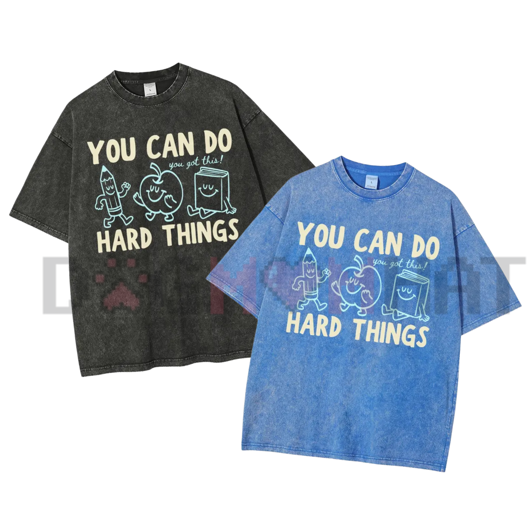 Front view of the 'You Can Do Hard Things' Vintage Washed T-Shirt displaying the retro doodle graphic printed across the chest of a mineral-washed tee. - dogmomhat
