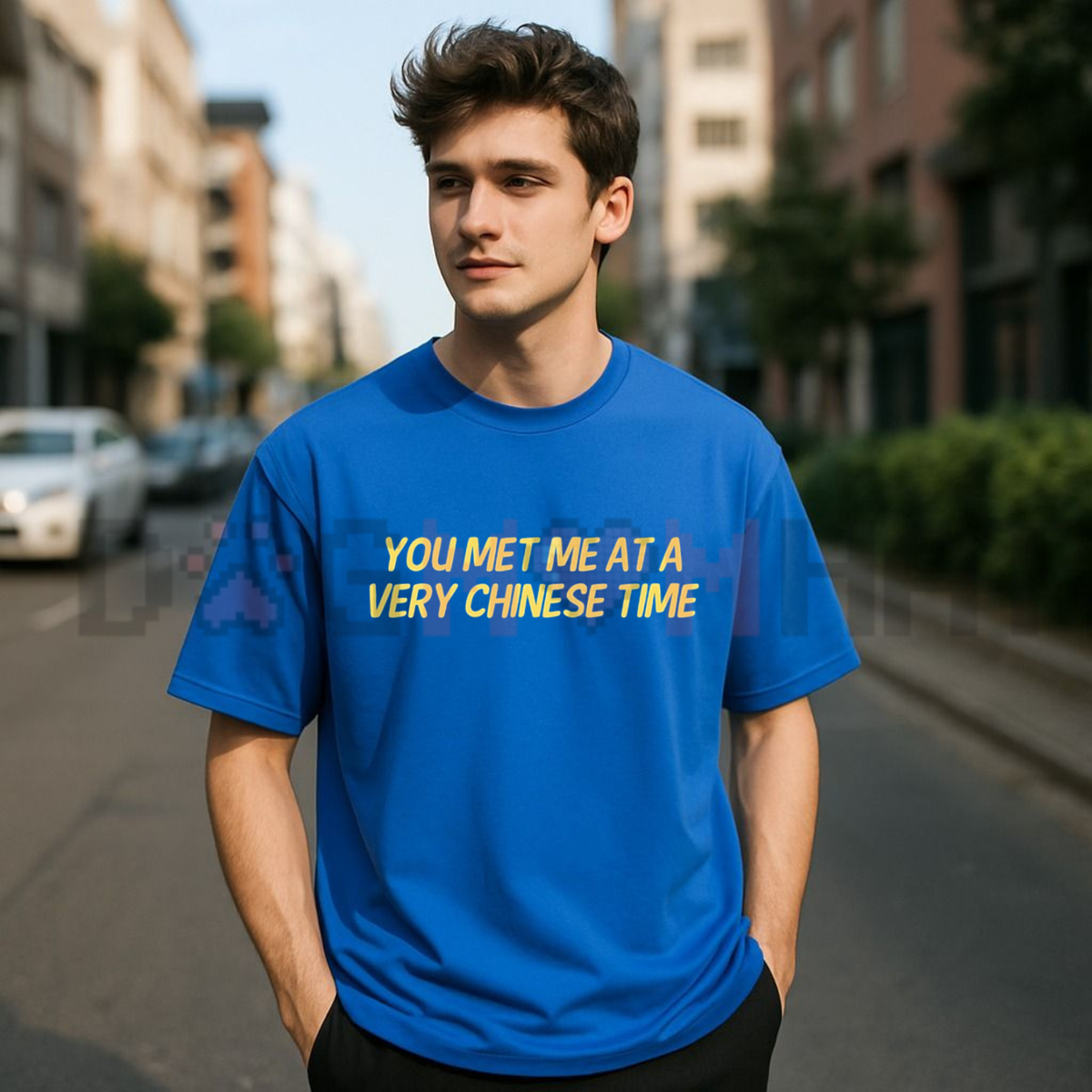 Front view of the You Met Me at a Very Chinese Time T-Shirt displaying movie parody graphic artwork printed across the chest. - dogmomhat