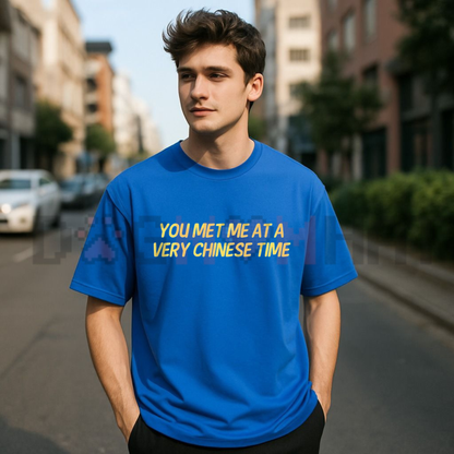 Front view of the You Met Me at a Very Chinese Time T-Shirt displaying movie parody graphic artwork printed across the chest. - dogmomhat
