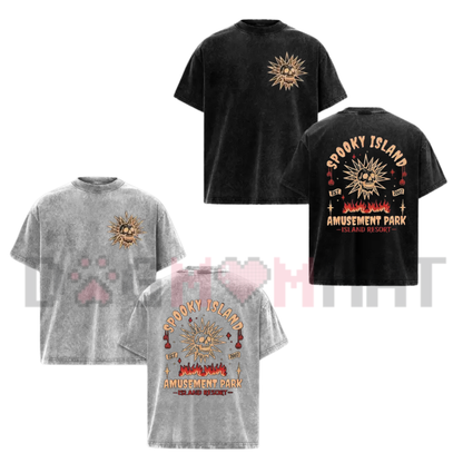 Front view of the YoungFlame Spooky Island Acid Wash Oversized T-Shirt displaying Y2K graphic artwork across the chest of a vintage wash cotton tee. - dogmomhat