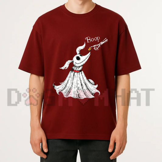 Front view of the Zero Dog Boop Skeleton Hand T-Shirt displaying ghost dog and skeleton hand boop graphic art printed across the chest. - dogmomhat
