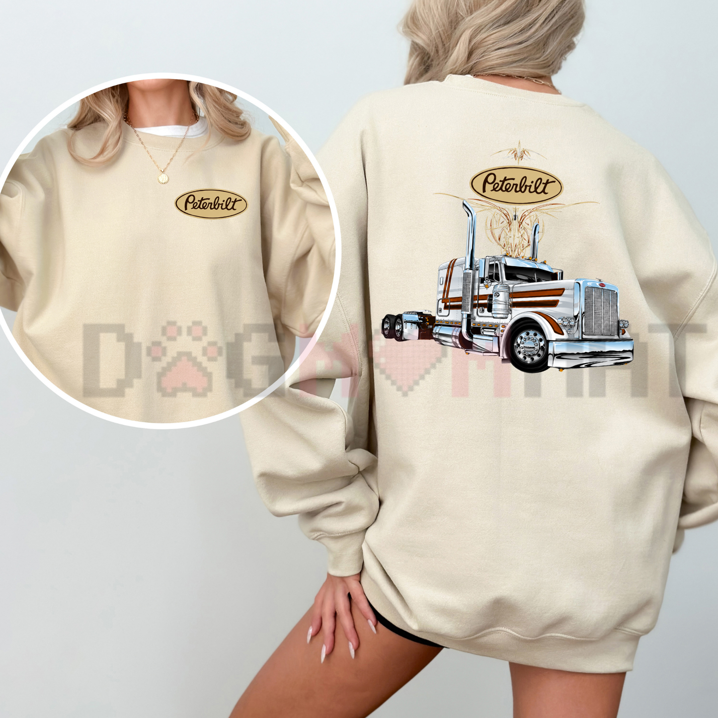 Front view of the black Classic Peterbilt Truck Graphic Sweatshirt showing the detailed vintage semi-truck print and classic logo typography on the chest - dogmomhat