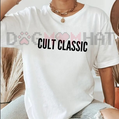 Front view of the black Cult Classic T-Shirt showing the minimalist typographic print across the chest - dogmomhat