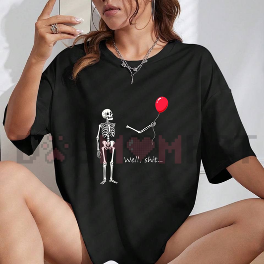 Front view of the black Funny Skeleton Balloon T-Shirt displaying the dark humor skeleton floating with a balloon graphic printed across the chest. - dogmomhat
