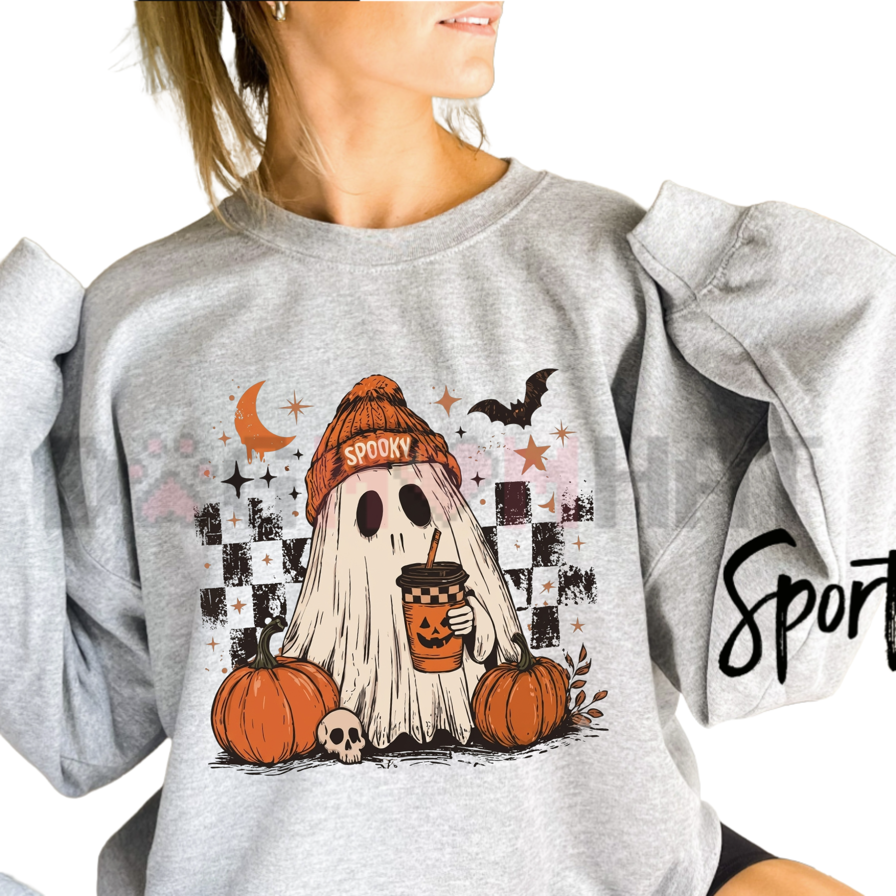 Front view of the black Ghost Checker Graphic Sweatshirt showing the detailed distorted checkerboard grid and retro ghost print across the chest - dogmomhat