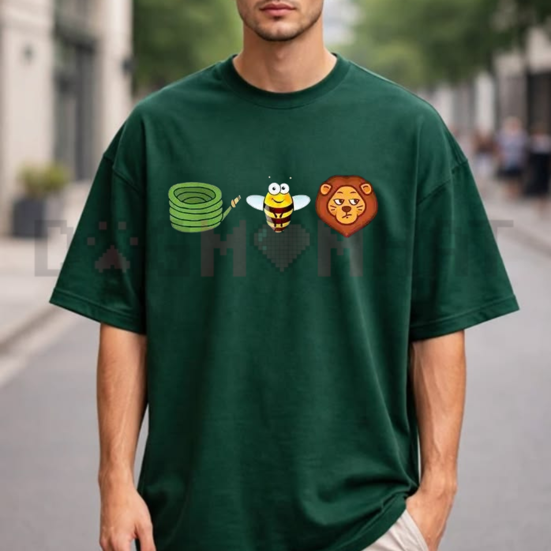 Front view of the black Hose Bee Lion Graphic T-Shirt showing the detailed hose, bee, and lion illustrations printed across the chest - dogmomhat