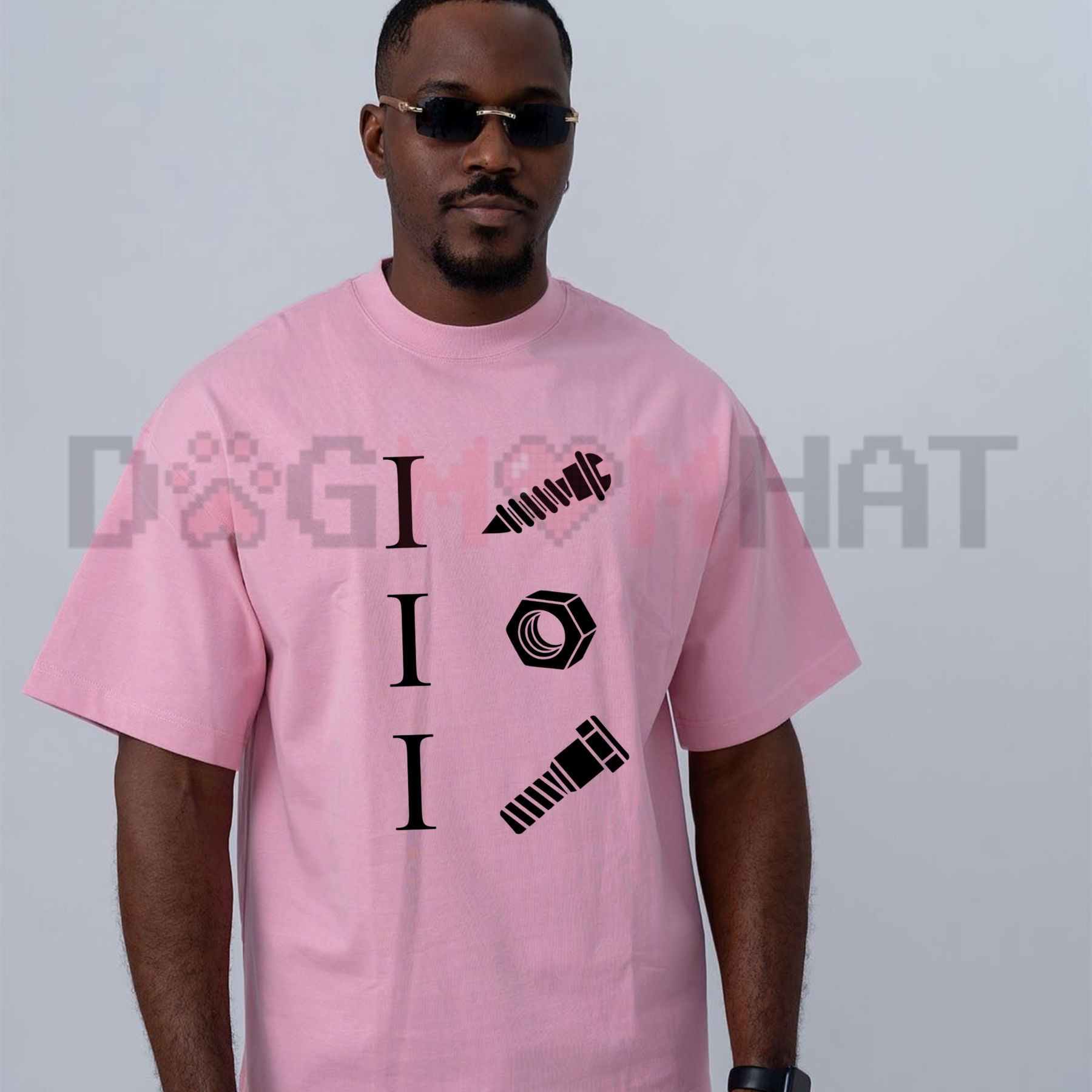 Front view of the black I Screw I Nut I Bolt Graphic T-Shirt showing the detailed hardware rebus artwork printed across the chest - dogmomhat
