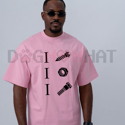 Front view of the black I Screw I Nut I Bolt Graphic T-Shirt showing the detailed hardware rebus artwork printed across the chest - dogmomhat