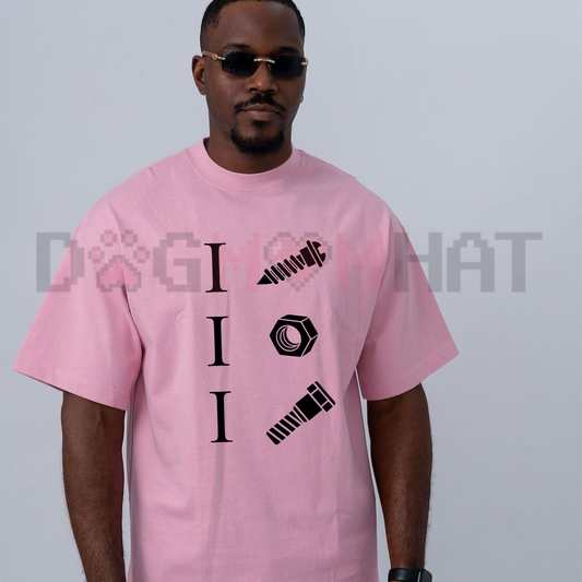 Front view of the black I Screw I Nut I Bolt Graphic T-Shirt showing the detailed hardware rebus artwork printed across the chest - dogmomhat