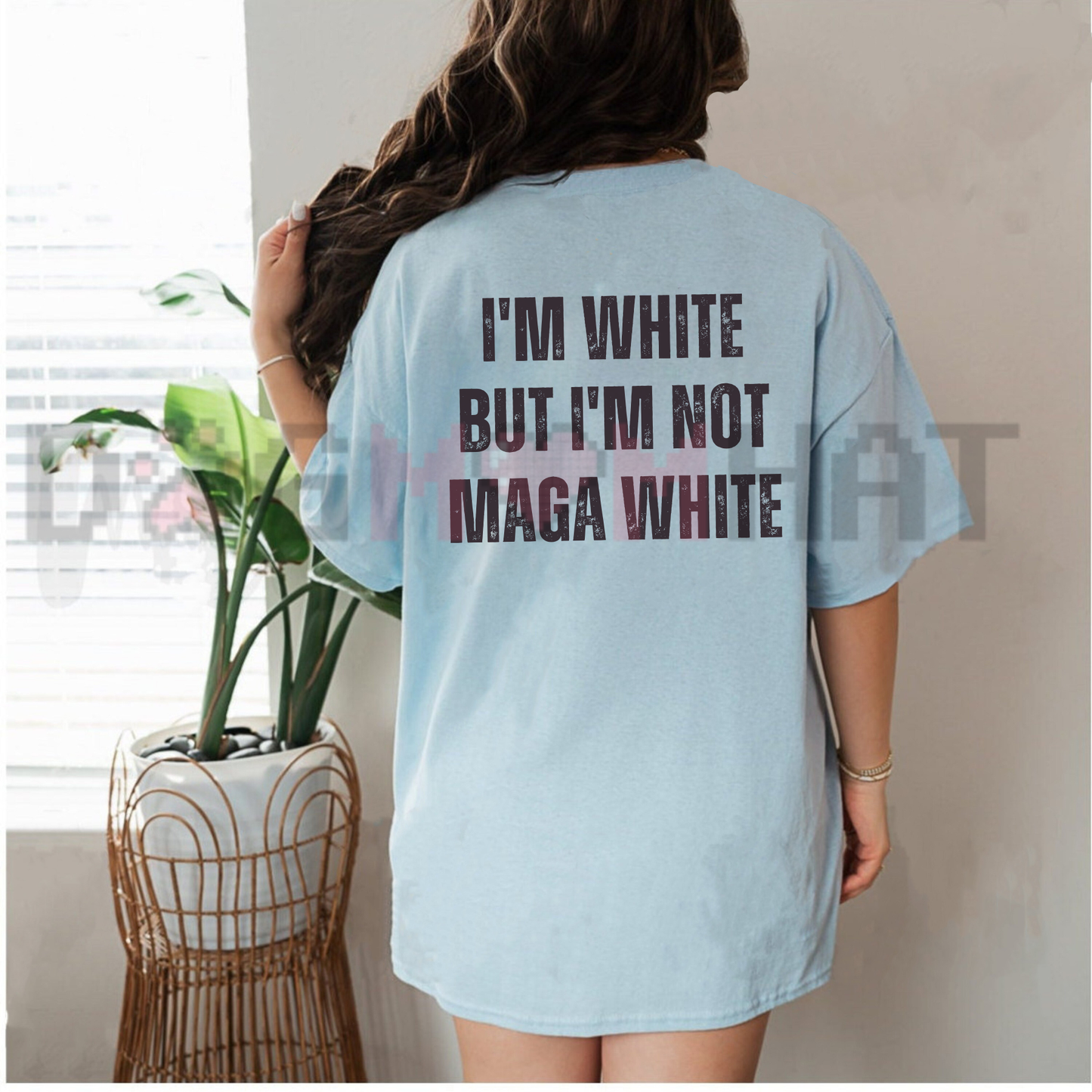 Front view of the black I'm White But I'm Not MAGA White Graphic T-Shirt showing the bold typography statement printed across the chest - dogmomhat