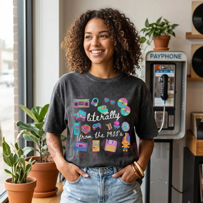Front view of the black Literally From The 1900s T-Shirt showing the clean, bold typography design for 90s babies - dogmomhat