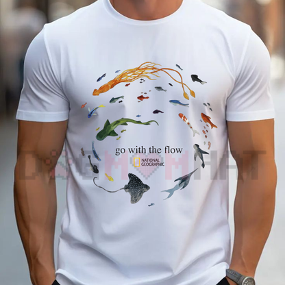 Front view of the black Marine Animals Go With The Flow T-Shirt showing the detailed ocean gothic graphic design across the chest - dogmomhat