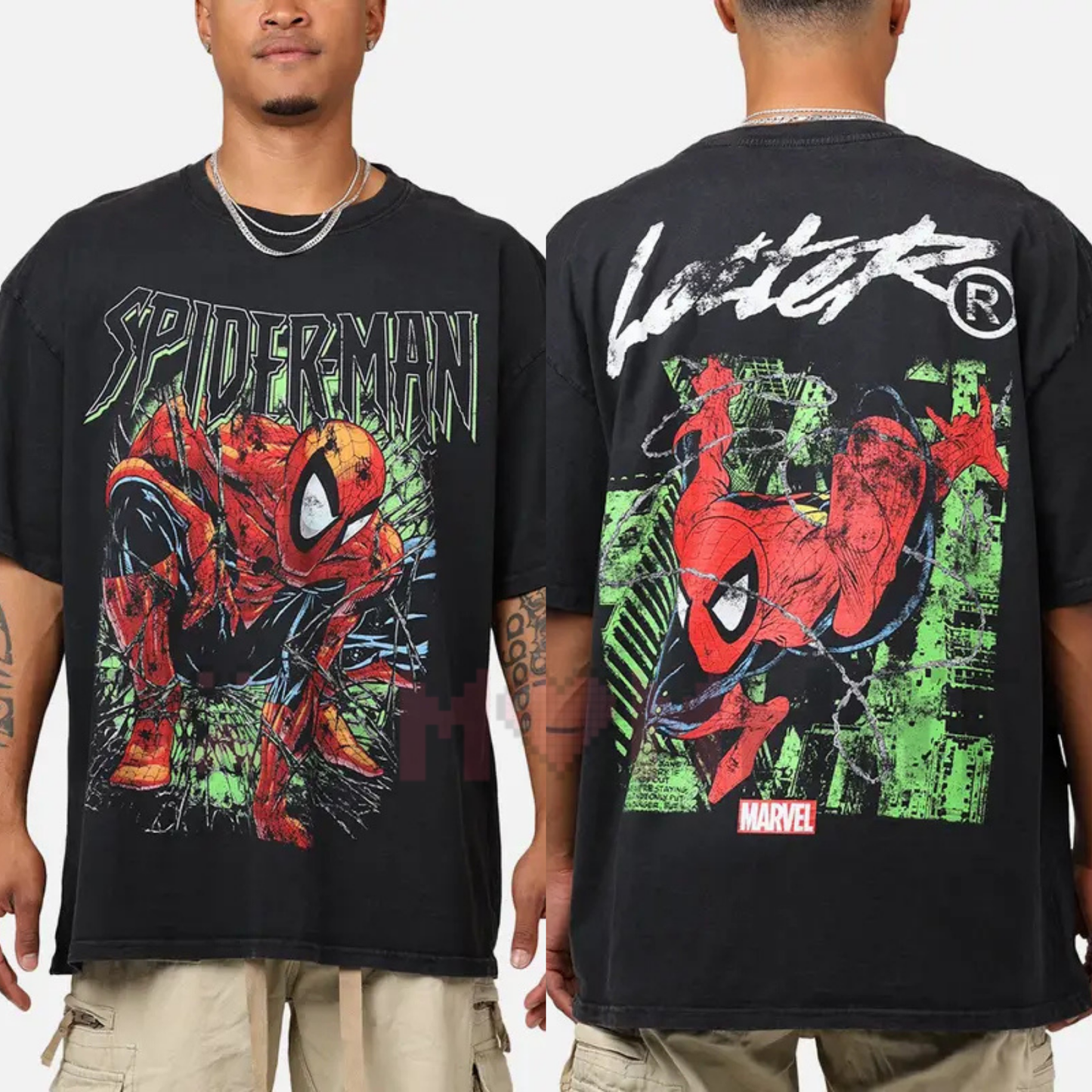 Front view of the black Marvel Spider-Man Graphic T-Shirt showing the detailed web-slinging superhero artwork printed across the chest - dogmomhat