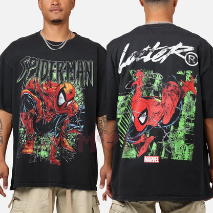 Front view of the black Marvel Spider-Man Graphic T-Shirt showing the detailed web-slinging superhero artwork printed across the chest - dogmomhat