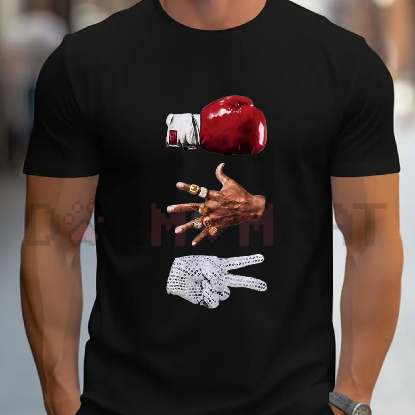 Front view of the black Michael Jackson Jordan Tyson Graphic T-Shirt showing the detailed vintage bootleg legend layout printed across the chest - dogmomhat