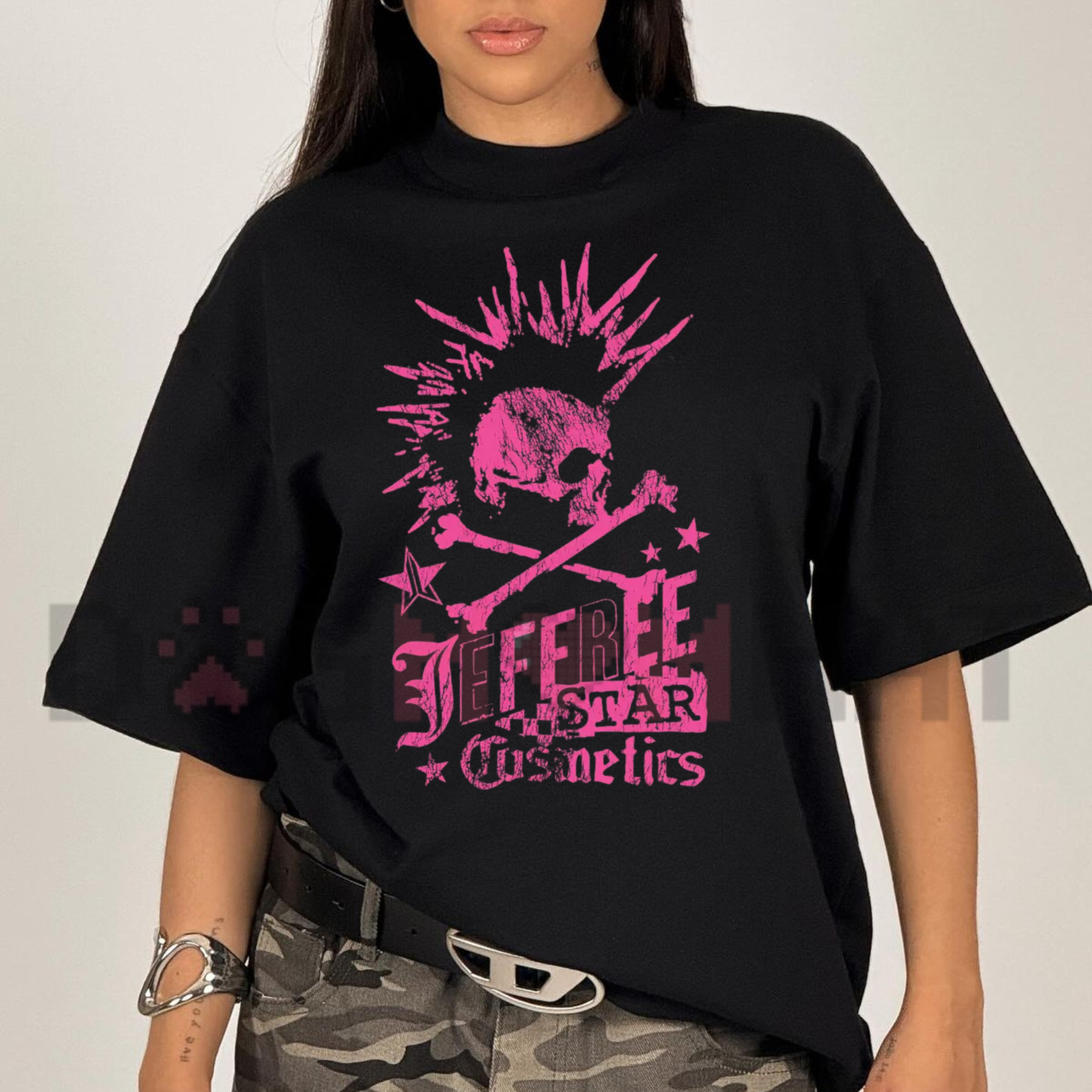 Front view of the black Mohawk Warped Tour T-Shirt showing the vivid neon mohawk skull graphic printed across the chest - dogmomhat