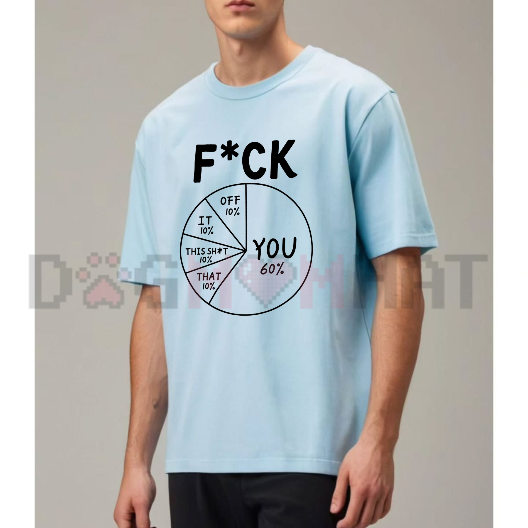 Front view of the black No F*cks Given Pie Chart Graphic T-Shirt showing the detailed colorful data infographic printed across the chest - dogmomhat