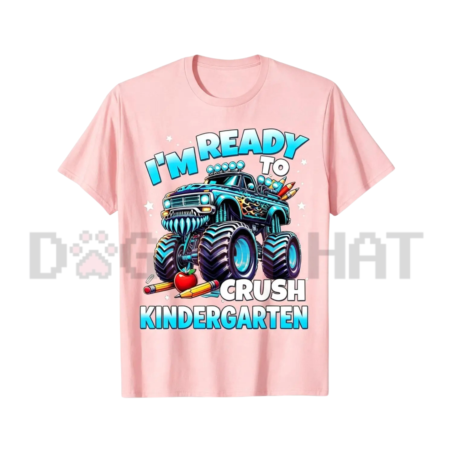 Front view of the black Ready to Crush Kindergarten Graphic T-Shirt showing the detailed monster truck artwork printed across the chest - dogmomhat