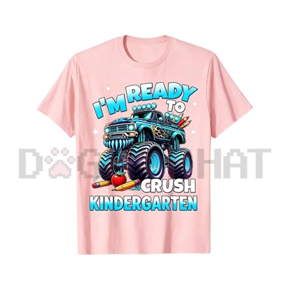 Front view of the black Ready to Crush Kindergarten Graphic T-Shirt showing the detailed monster truck artwork printed across the chest - dogmomhat