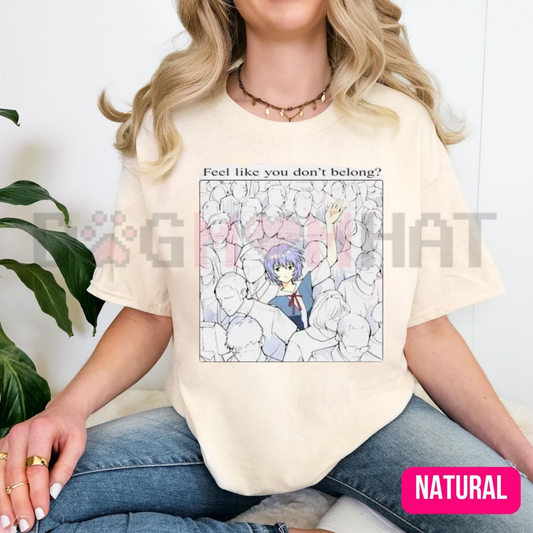 Front view of the black Rei Ayanami Graphic T-Shirt showing the detailed anime portrait and "Feel Like You Don't Belong" text printed across the chest - dogmomhat