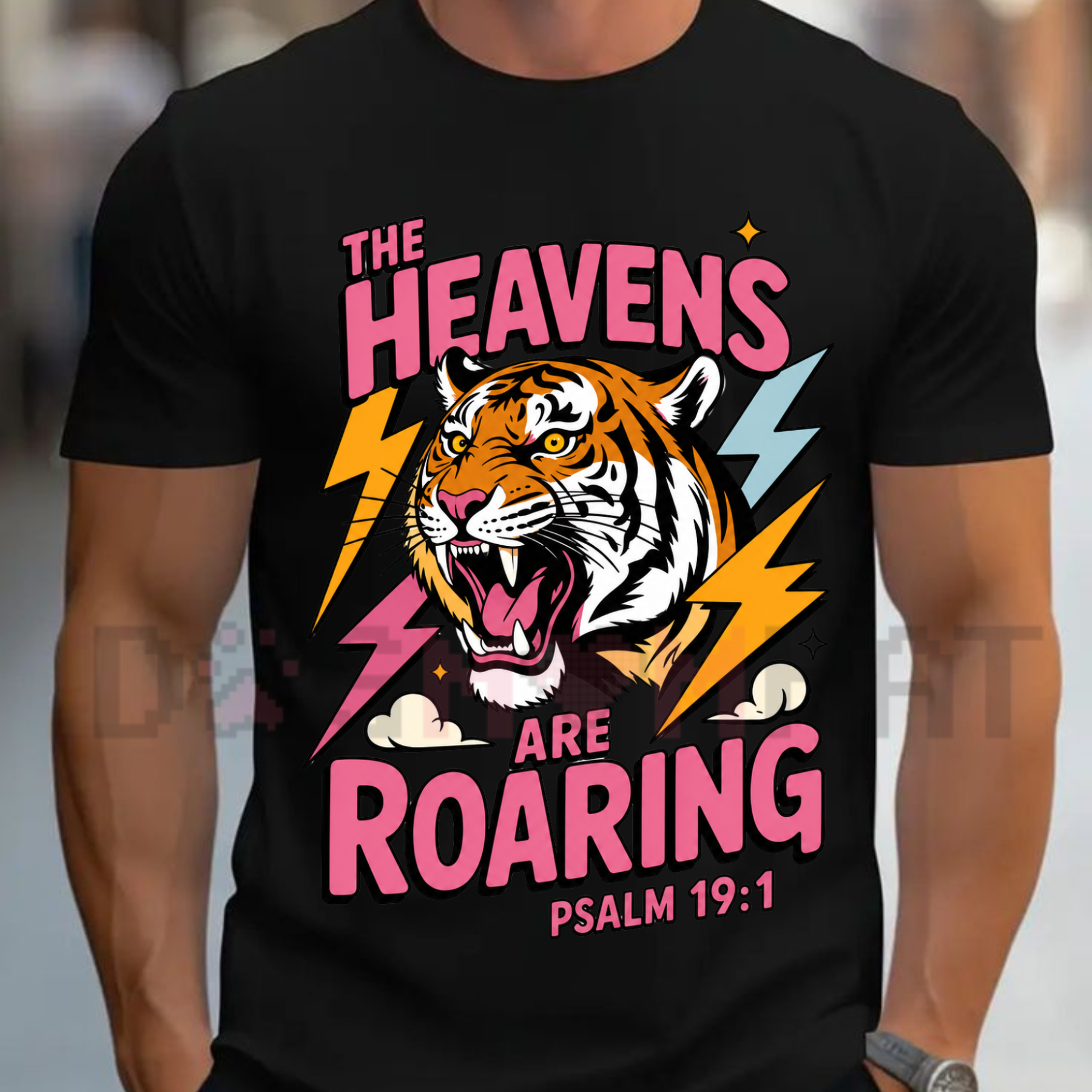 Front view of the black Roaring Heavens Heavy Cotton T-Shirt showing the detailed epic celestial graphic design across the chest - dogmomhat