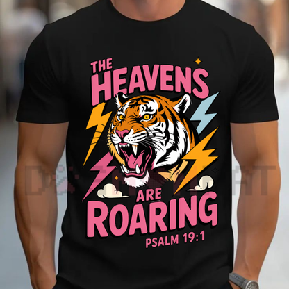Front view of the black Roaring Heavens Heavy Cotton T-Shirt showing the detailed epic celestial graphic design across the chest - dogmomhat