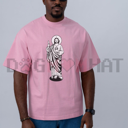 Front view of the black Saint Judas Tadeo T-Shirt showing the detailed religious saint graphic printed across the chest - dogmomhat