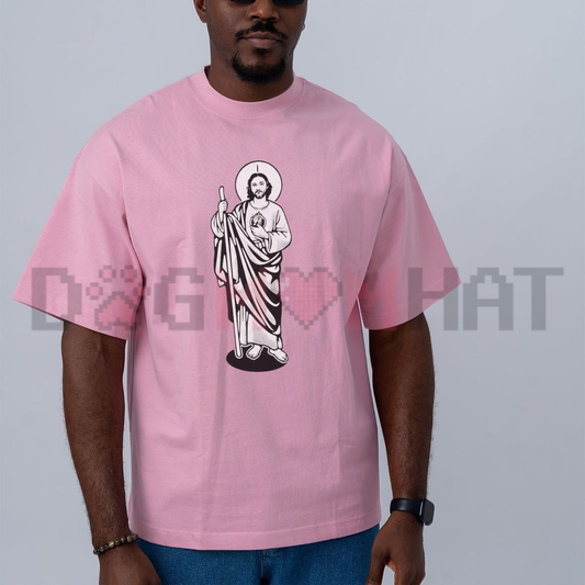 Front view of the black Saint Judas Tadeo T-Shirt showing the detailed religious saint graphic printed across the chest - dogmomhat