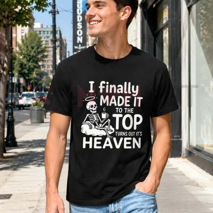 Front view of the black Skeleton Coffee Graphic T-Shirt showing the detailed skeleton at heaven's gates artwork printed across the chest- dogmomhat
